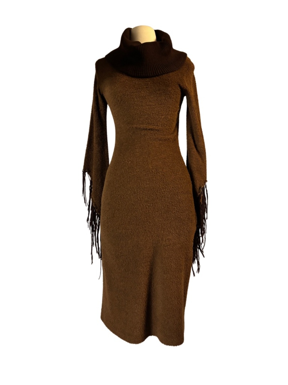 Brown Fringe Sleeve Sweater Dress